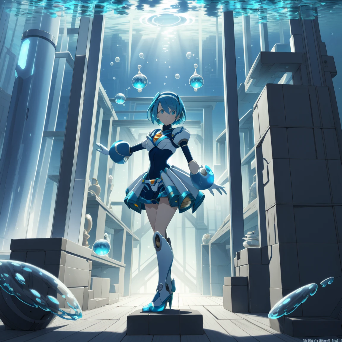 rico_megamanxdive, 1girl, solo, blue eyes, short hair, blue hair, android, high quality, masterpiece, standing in an underwater city with lots of bubbles, in the style of yuumei, intricate architectures, indigo, miniature illumination, daniel f. gerhartz