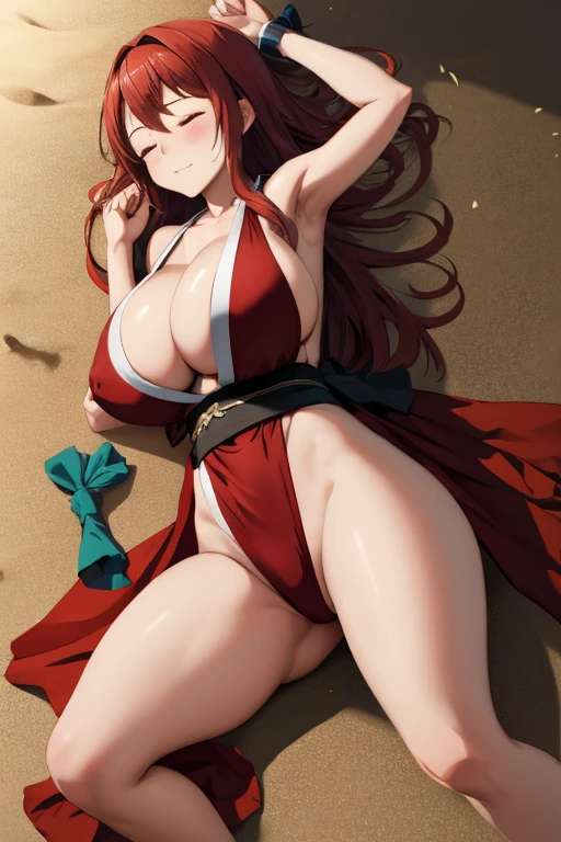masterpiece, best quality, beautiful art, high resolution, well formed hands, body and fingers, 1 woman, solo, Maou ,adult, grown up, cosplaying as Mai Shiranui , mai_shiranui_cosplay, adult, large and round breasted, cleavage, full body , hair ribbon, gorgeous legs and, thighs, sexy Japanese clothes, hair ornament , sexy legs , hips and thighs,ryona,in peril, she is defeated, knocked out, passed out, closed eyes, exhausted, unconscious, laying down on the sand, extended exposed body, full body on the sand, breathing heavily, sexy smirk on her face, bouncing breasts, sexy defeated pose, defeat and KO scene, fallen beauty, martial arts tournament with beach environment