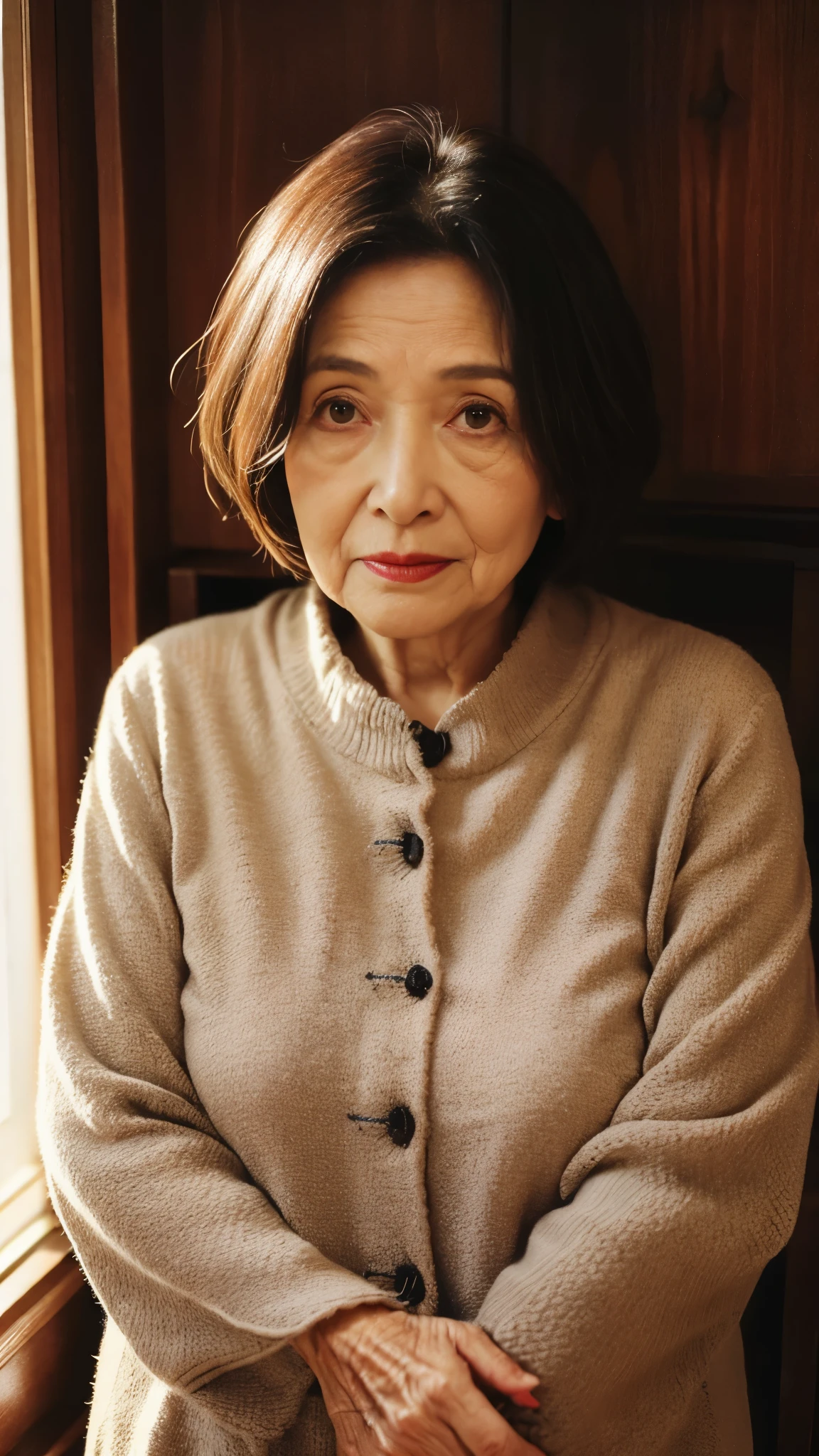 Beautiful mature woman、70-year-old woman、Photo of your ID、Red lips, Thin lips, Mourning clothes、Light from the front, 