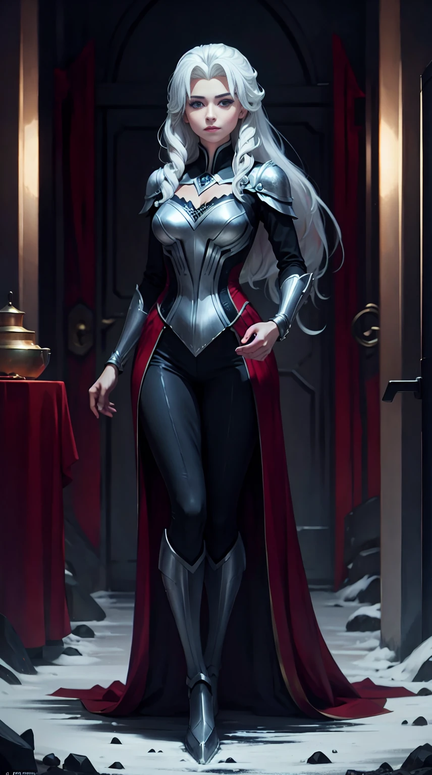 ((full body photo, standing)) 1 gorgeous European blonde woman, age 23, she is the powerful queen of the frozen world, she stands on her metallic frozen throne