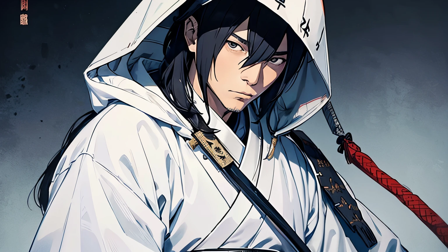 Wearing a white hood、Have a military rank、Sitting、Kenshin Uesugi、５０age、Wearing intricately designed traditional samurai armor、
Famous people in Japanese history、He has a stern look、Has an intimidating presence