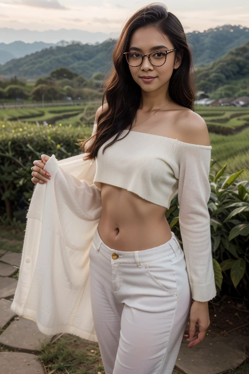 In late of 80's, young sweet beautiful Bogor city girl standing cheerful on wide rice field near Bogor, descent mixed from sundanese and javanese and Arabic, little breasts, straight very short thin hairs with a bangs, very very slim body, have big greek nose, slim thin face, wide forehead, big eyes, little sexy mouth, heavy down lip, thin uper lip, charm and cute lovely girl, her name is Dewi, she is being very sweet and harmful smiling, in the sunny fresh sunset, georgeus sweet face, slim body, 19 years old, student of agriculture university, wearing not sexy 80's style big size white long sleeve long sweater, wearing not sexy white thin trousers in late 80' years era mode and style, wearing wedges shoes, very realistic, very natural, very realistic, all body from head to toes view, wind blowing so strong and blowing everything, her straight short thin hairs with a bangs blown by the very strong wind, salak mountain as background, beautiful sunset and beautiful girl, sweet romantic moment that can't forget, wearing glasses, she is very in love to me,
