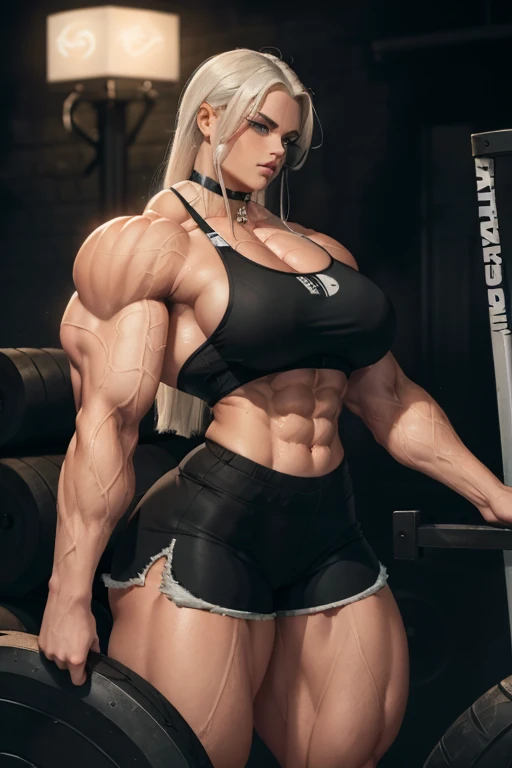 ((Close-up)), tall, (White hair) beautiful sweaty muscular woman, long straight hair, light brown skinned, closed smile, (black lipstick), ((massive muscles)), (hyper muscle), (ginormous bulky muscles), blue eyes, (black sports bra), (black dolphin shorts), choker, sneakers, ((bicep curling massive car tires)), in a steamy weight room,