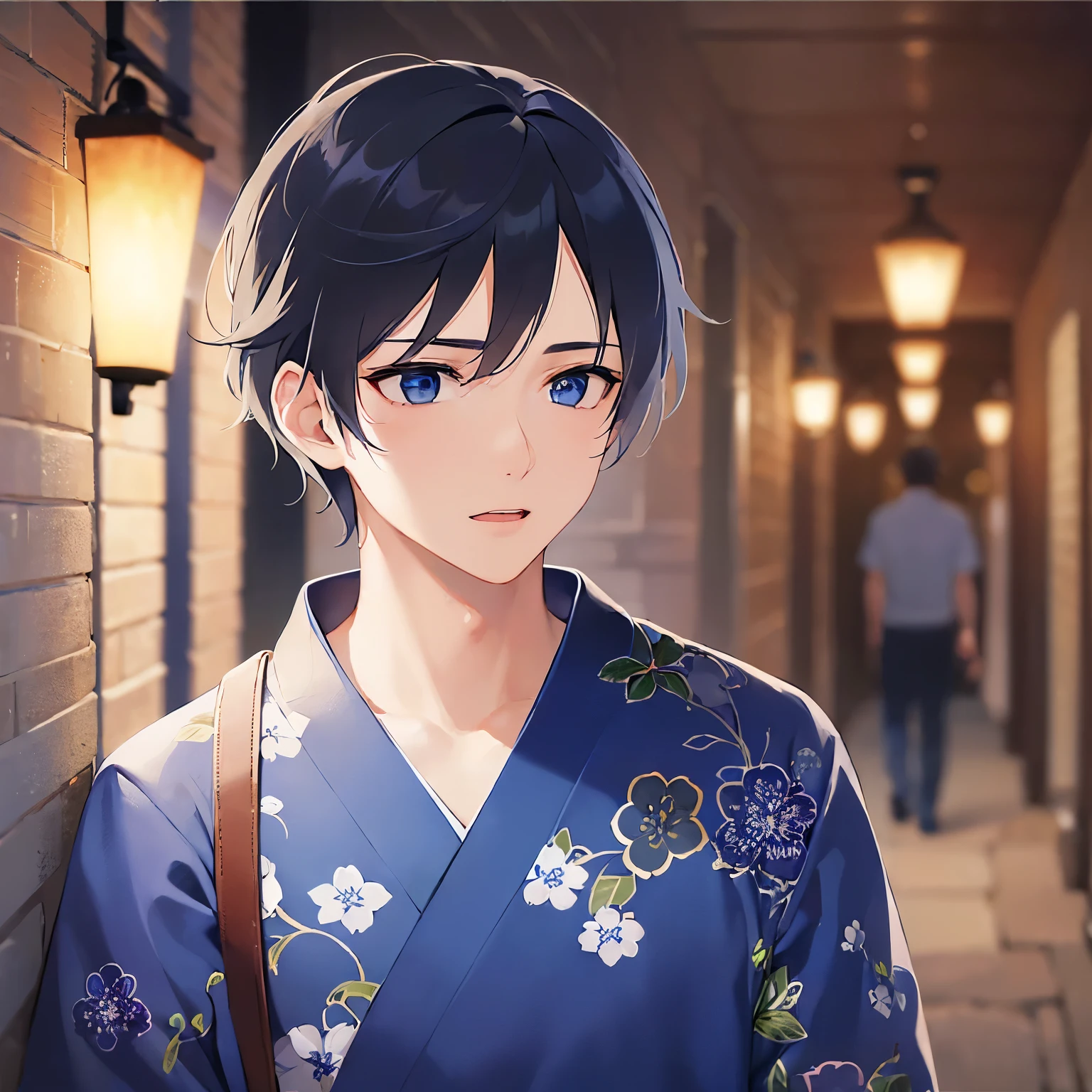(25-year-old male:1.5) and(Black short hair) and (blue eyes), Shooting from below, (looking away:1.5), upper body、
masterpiece、Highest quality、
(Blue) and (yukata) ,worried,open mouth,The background is a Japanese-style corridor at night、Walking（alone:1.5）