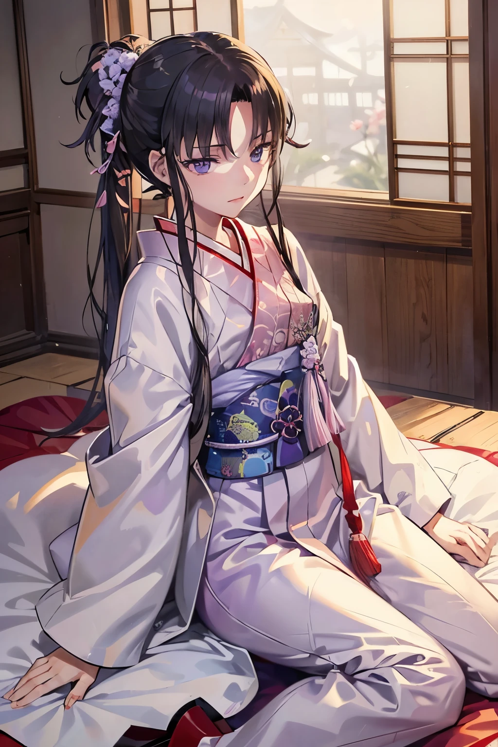 A Looks sickly girl from a Japanese nobility. 1940s with wet raven hair and light purple eyes.nsfw,compuletely nude,The background is a Japanese-style room with a futon