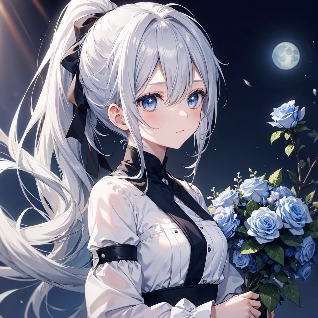((((Gray Hair、ponytail、Long Hair　Black ribbon　1 person　Blue eyes、Shine　Pure white skin　Smooth skin))))　(((Adult women、slender　Kind Face　With blue roses　Blue and white)))　((Big Moon、night　milky way))　(Shine背景　白くShine縁)