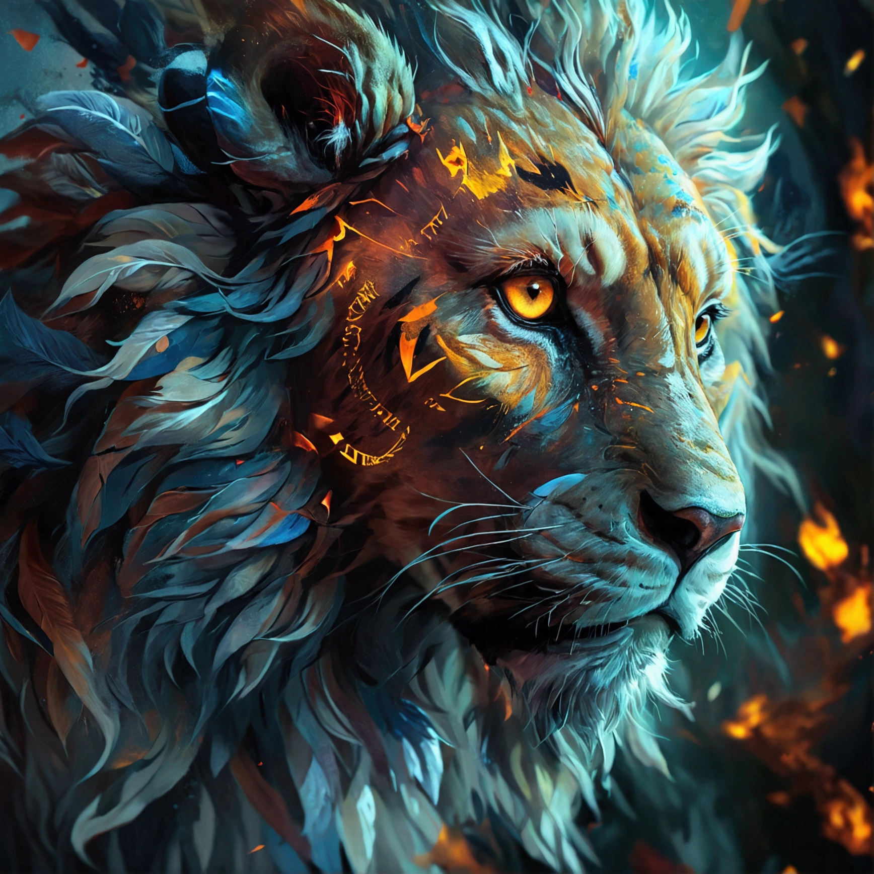Generate artwork portraying The ShadowLion sending cryptic messages through art and literature.