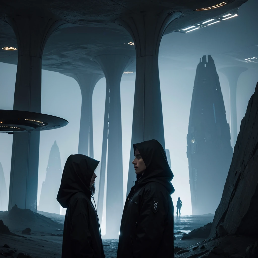 (Best Quality) Hooded people looking at the futuristic architecture of an alien civilization with dark color palette