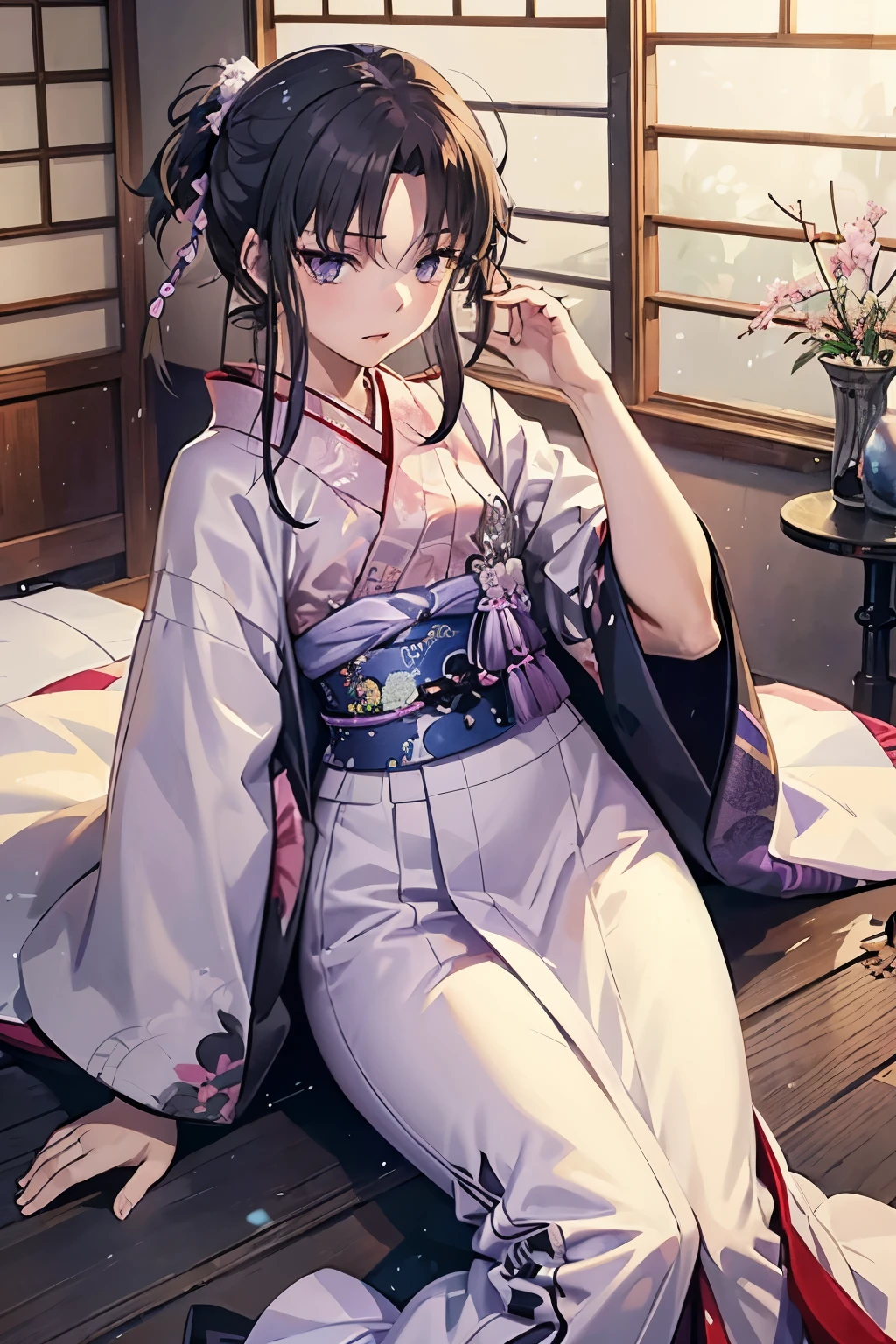 A Looks sickly girl from a Japanese nobility. 1940s with wet raven hair and light purple eyes.nsfw,compuletely nude,The background is a Japanese-style room with a futon

