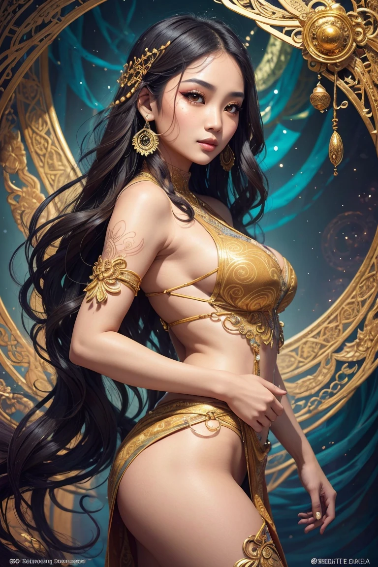 a vibrant and intricate digital portrait of a young (Southeast Asian woman:1.35) as an avatar, with a gentle, enigmatic smile and warm, inviting brown eyes, adorned with dramatic eyelashes and subtle freckles across the bridge of her nose, her long, dark hair cascading down her back in loose, flowing waves, against a soft, gradient background that shifts from deep blues to purples, with delicate, swirling patterns reminiscent of traditional batik designs, her slender, golden-brown skin glowing with a subtle, ethereal light, wearing a flowing, ornate outfit with intricate, colorful embroidery and beading, with a delicate, sparkling nose ring and dangling, ornate earrings, surrounded by lush, green foliage and wispy, cloud-like tendrils that evoke a sense of mysticism and wonder, thighs