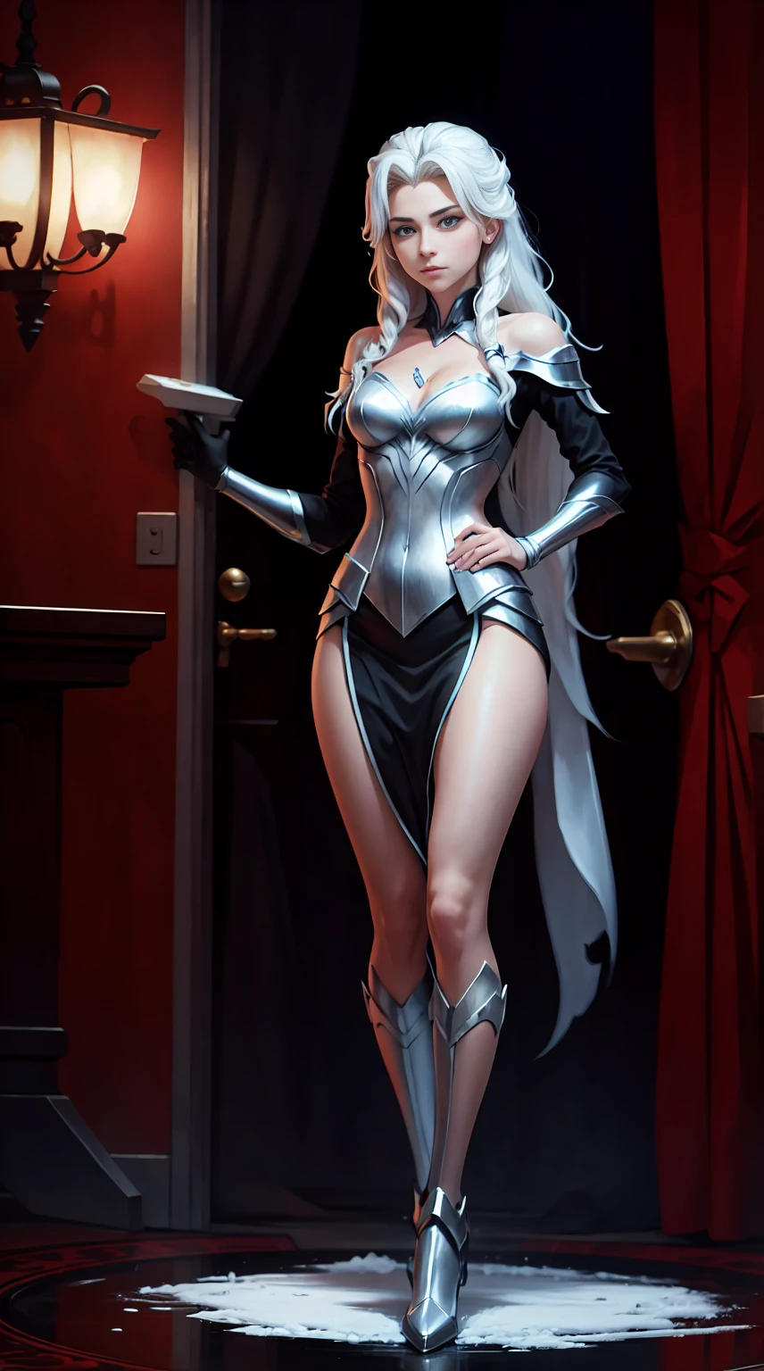 ((full body photo, standing)) 1 gorgeous European blonde woman, age 23, she is the powerful queen of the frozen world, she stands on her metallic frozen throne