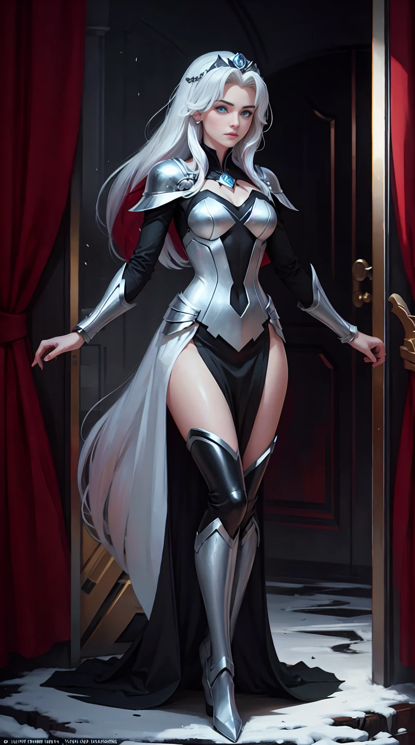 ((full body photo, standing)) 1 gorgeous European blonde woman, age 23, she is the powerful queen of the frozen world, she stands on her metallic frozen throne