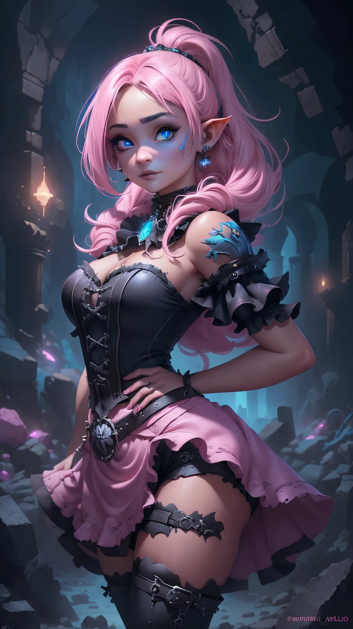 (La mejor calidad,A high resolution,Ultra - detallado,actual),Ariana Grande, (in the style of Tim Burton:1.4) , (mini skirt pink gothic :1.4) , (a hyper realism gothic anime girl:1.4) , (a punk rock creature:1.4) , cheeks flushed with colour, dark lips slightly parted, High cheekbones, surrounded by flecks of electrical sparks, (make up), high contrast, (better lighting, an extremely created and beautiful), (cinematic light), showy,,(Ruined dungeon ruins background:1.4 ), epic fantasy art style hd, 4K fantasy art, epic fantasy digital art style, epic fantasy art style, Fantasy Woman, epic fantasy art portrait, Epic fantasy style, hyperrealistic fantasy art, hd fantasy art, epic fantasy character art, epic fantasy art, in style of dark fantasy art, epic fantasy digital art,( cowboy pose :1.4), ,(Ruined dungeon ruins background caverna cueva pasillo :1.4 ), (detailed perfect anatomy :V2.1), (face detailed :1.4), (cinematic lighting :1.4), (bright colors neón ), (beautiful eyes detailed perfect :1.4), (skirt lifted by itself: 1.1), (skirt lift: 1.3), (showing white panties: 1.3), (Ariana Grande :1.4), More detailed 8K.motor irreal:1.4,UHD,La mejor calidad:1.4, fotorrealista:1.4, textura de la piel:1.4, obra maestra:1.8,obra-prima, mejor calidad,objeto Objeto], (detailed face features:1.3),(Las proporciones correctas),(Ojos hermosos azules:1.4 ),  (pose vaquero)