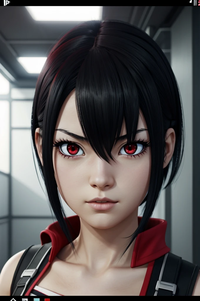 Screenshot My hero academia. girl with red eyes , short black hair with red tips and pale skin