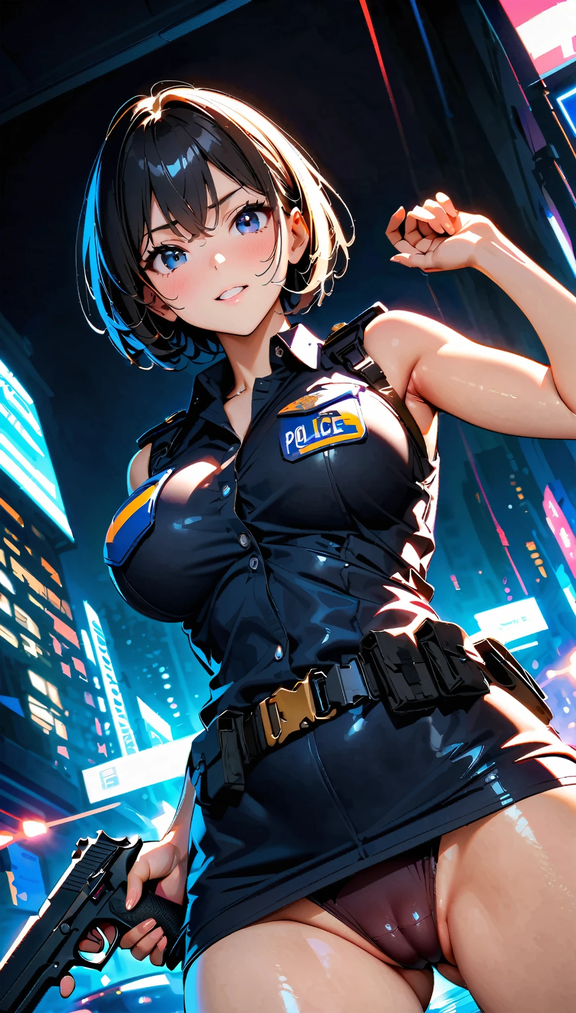 (high quality, 8k, 4K, high contrast, masterpiece:1.2, best quality, best aesthetics), (dynamic angle), Sexy female police officer, Detailed face and body, Beautiful breasts, confident look, (black hair, short hair), Shiny black uniform, Tactical belt with equipment, Glossy Badges and Name Tags, Carrying a small handgun, Standing in a dynamic pose, dutch angle, Flashing police car lights against cityscape background,Camel toe，Legs apart