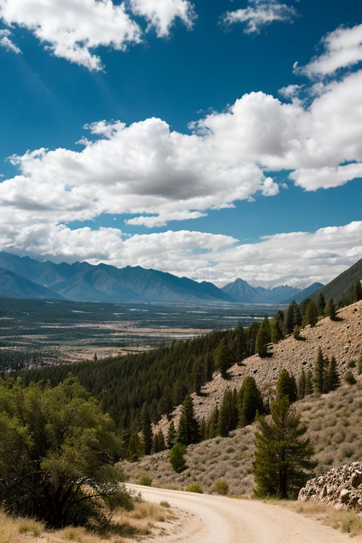 landscape with mountains, arroyo, pines and clouds