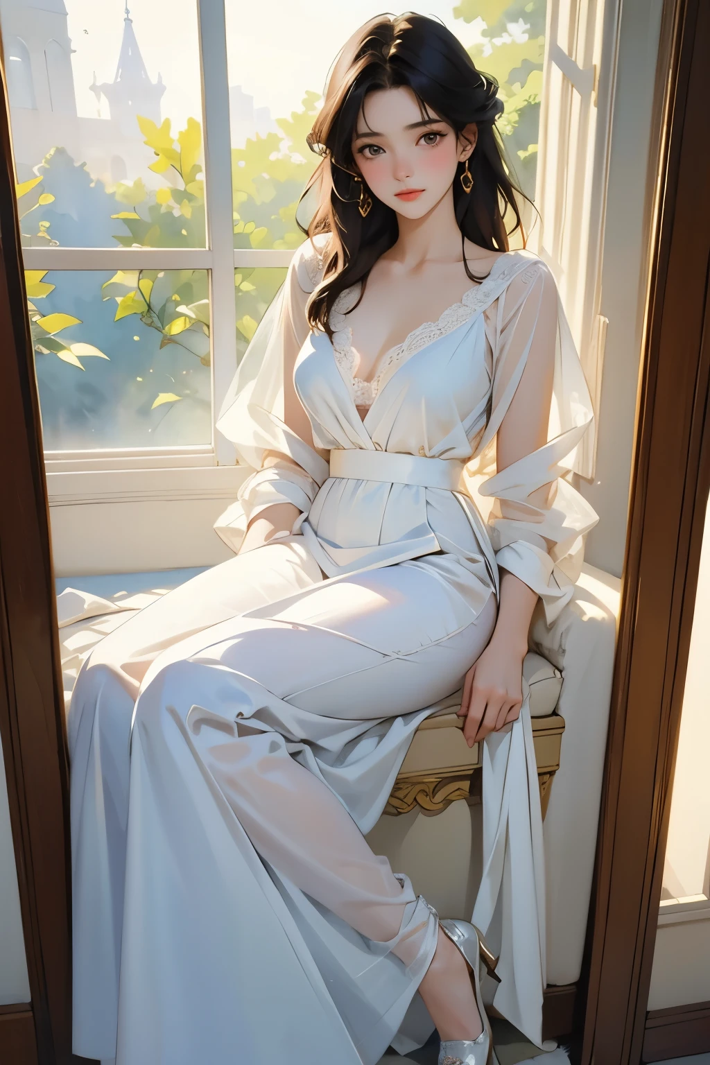 (A very beautiful  paints a life-size self-portrait:1.2), (Full body portrait)、See through，(An incomplete life-size portrait:1.2)、(Paint set、palette、Pen)、Beautiful and fair、Glowing Skin,  Nice, bright, Refreshing and gentle look, Perfect beautiful face、Beautiful shiny bangs, Small breasts，Lace Bikini，room、window、Soft Light、(Watercolor of singer Sargent)、(Highest quality、masterpiece)、