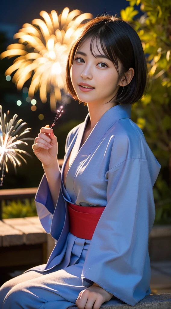 (8k、RAW Photosgraphy、Highest quality、masterpiece:1.2)、(Realistic、Photorealistic:1.37)、Ultra-high resolution、One Girl、cute、solo、night、Sitting、date、(Nose redness)、(Laughter:1.1)、(Closed)、huge 、Beautiful Eyes、(short hair:1.2)、(((Fireworks bursting into the sky、night)))、(((kimono、yukata)))、Cleavage、Perfect body、Perfect Fingers、Professional Lighting、Japanese Goddess、gravure、Detailed face and skin texture、Detailed eyes、RAW Photos