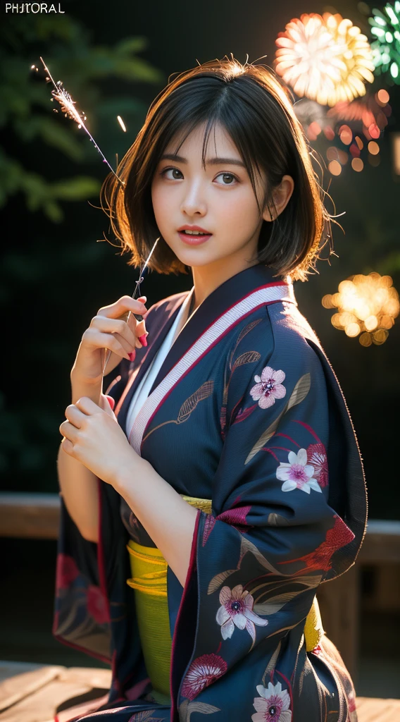 (8k、RAW Photosgraphy、Highest quality、masterpiece:1.2)、(Realistic、Photorealistic:1.37)、Ultra-high resolution、One Girl、cute、solo、night、Sitting、date、(Nose redness)、(Laughter:1.1)、(Closed)、huge 、Beautiful Eyes、(short hair:1.2)、(((Fireworks bursting into the sky、night)))、(((kimono、yukata)))、Cleavage、Perfect body、Perfect Fingers、Professional Lighting、Japanese Goddess、gravure、Detailed face and skin texture、Detailed eyes、RAW Photos