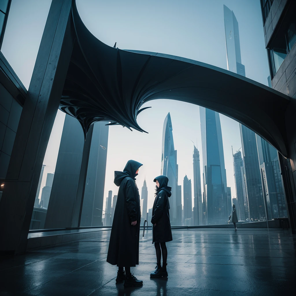 (Best Quality) Hooded people looking at the futuristic architecture of an alien civilization with dark color palette
