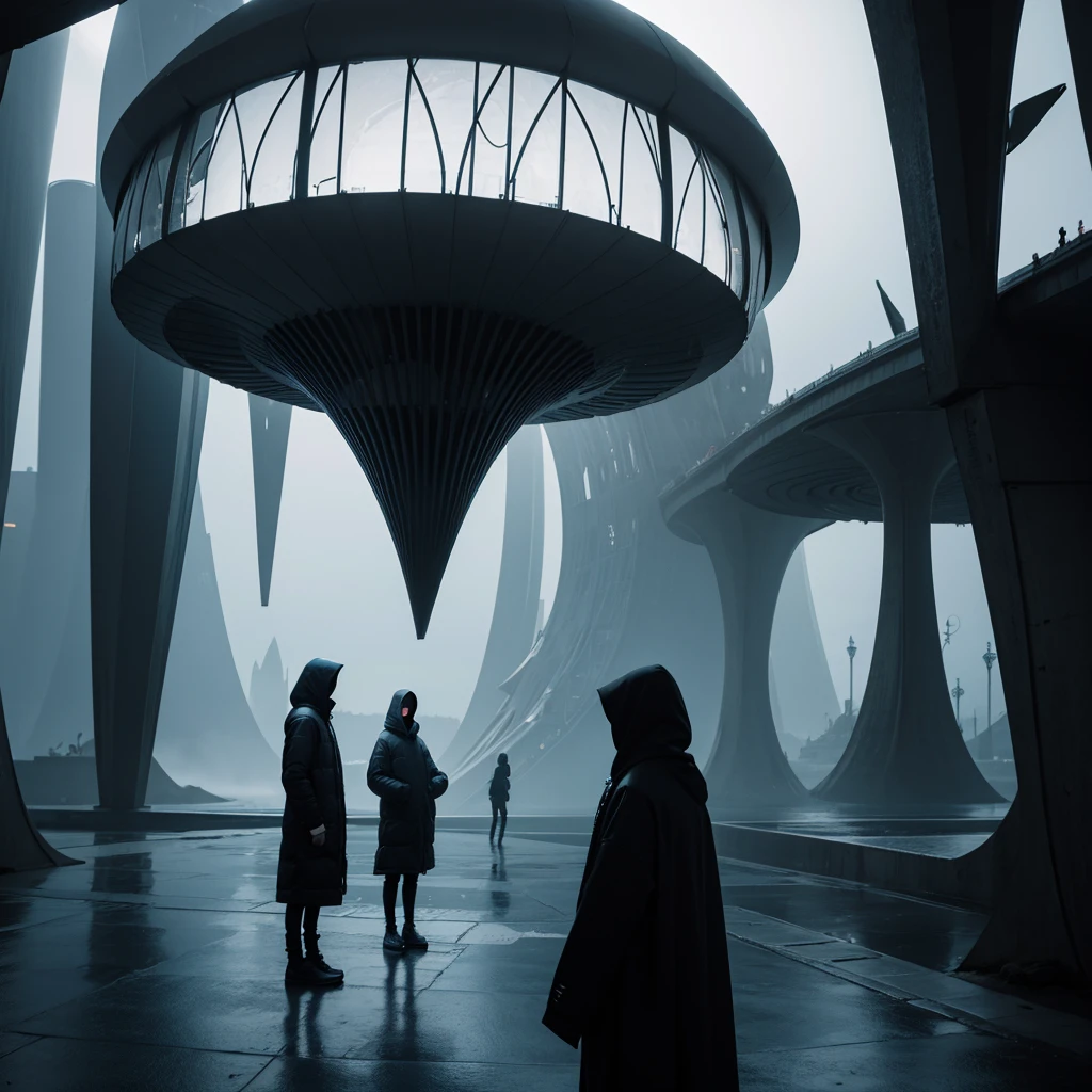 (Best Quality) Hooded people looking at the futuristic architecture of an alien civilization with dark color palette