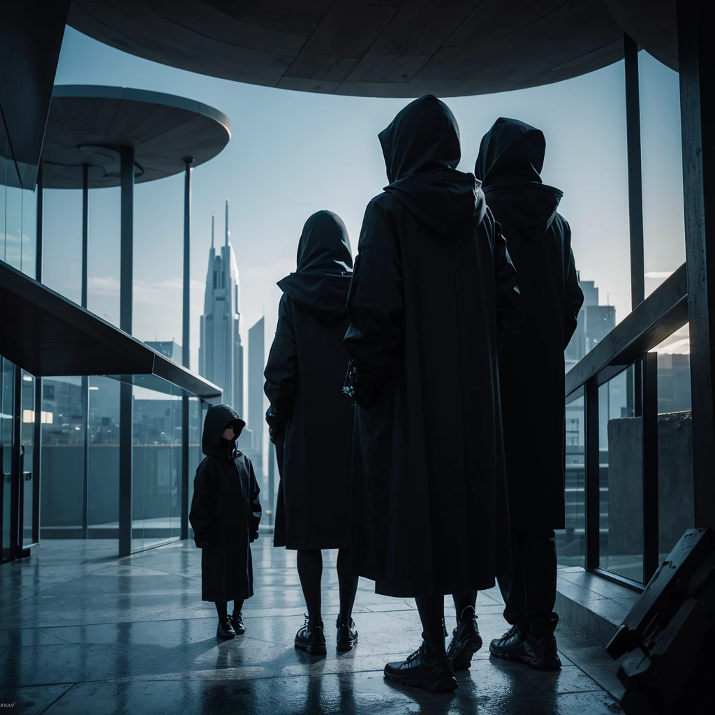 (Best Quality) Hooded people looking at the futuristic architecture of an alien civilization with dark color palette