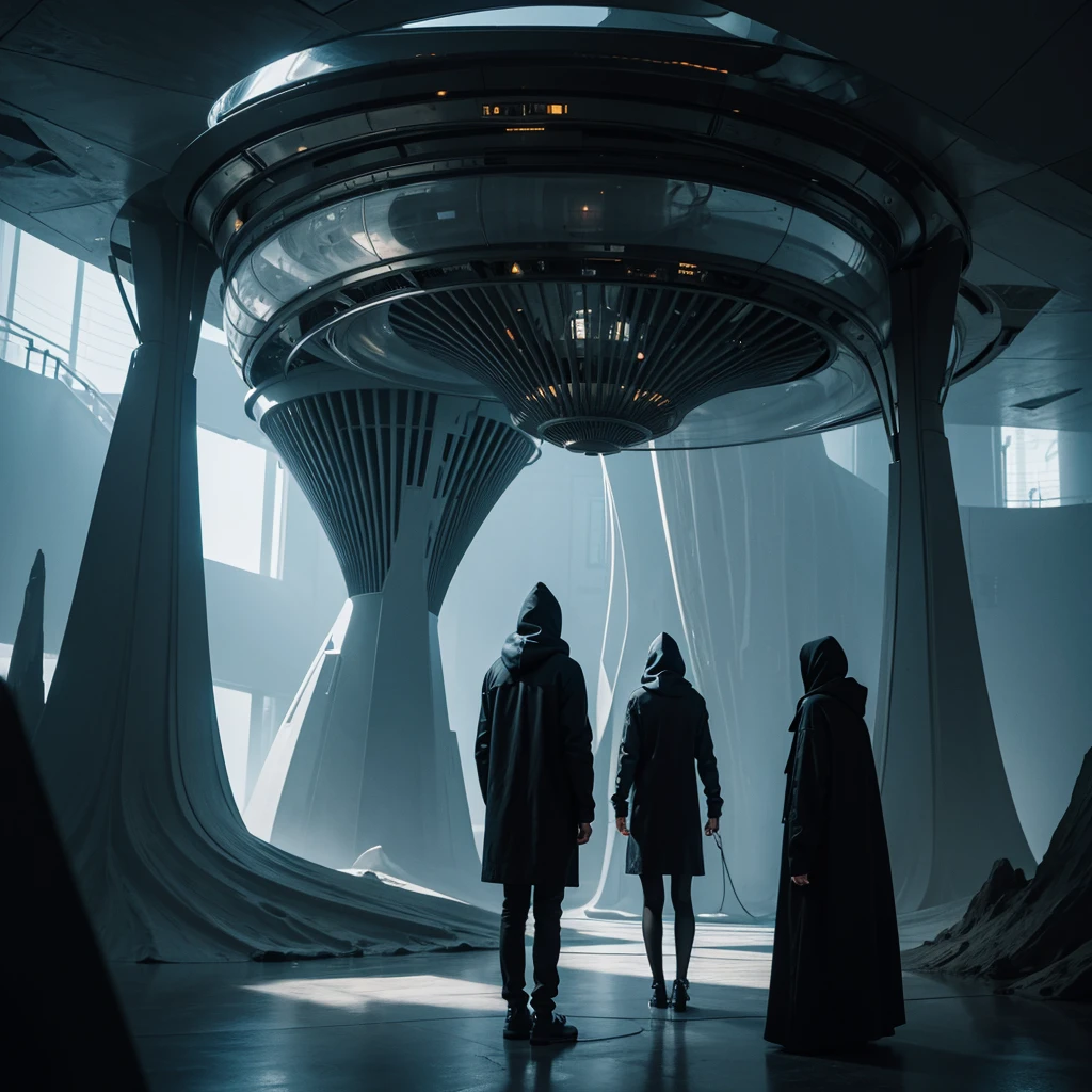 (Best Quality) Hooded people looking at the futuristic architecture of an alien civilization with dark color palette