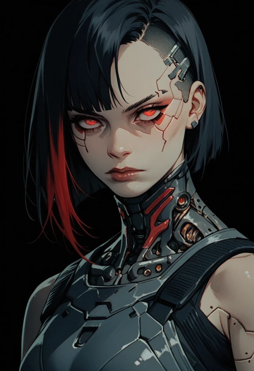 (score_9, score_8_up), score_7_up, zPDXL, Asian, Black tecninja cyberpunk armor with red details, short black hair with red highlights, red eyes, black background, film grain, cowboy shot sinozick style
