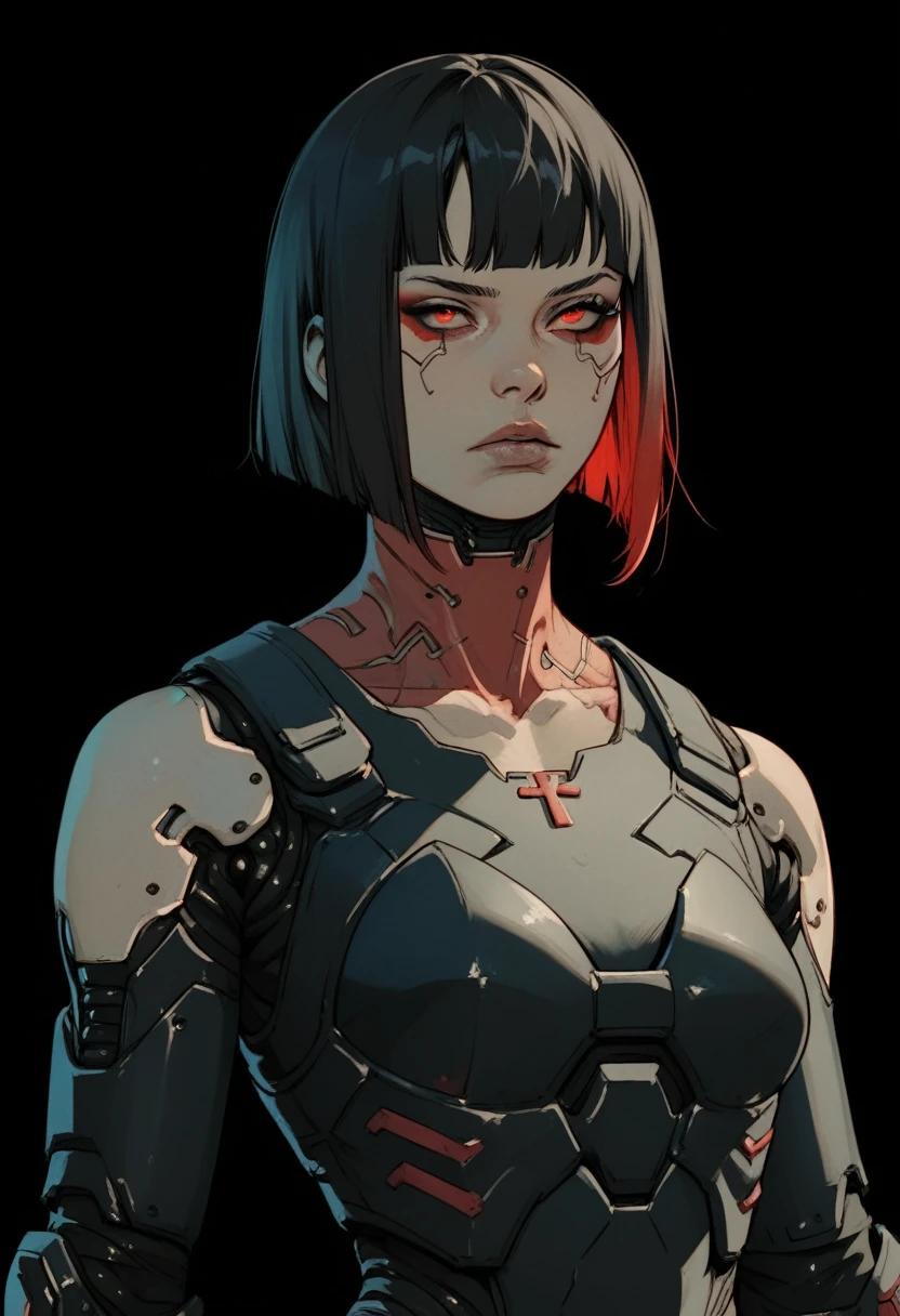 (score_9, score_8_up), score_7_up, zPDXL, Asian, Black tecninja cyberpunk armor with red details, short black hair with red highlights, red eyes, black background, film grain, cowboy shot sinozick style