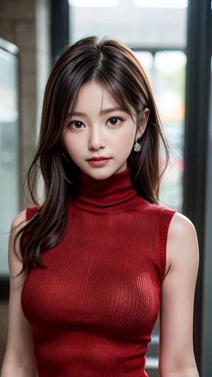 photography of a brightly sangmi nam who is korean actress,masterpiece,photorealistic,analog,realism,korean idol,slim leg, long_brown_hair,1 girl, very bright backlighting, solo, {beautiful and detailed eyes}, large breasts,calm expression, natural and soft light,delicate facial features, Blunt bangs, beautiful korean girl, eye smile, very small earrings,(wearing a long red tight sleeveless knit turtleneck dress:1.5),long hair,drawn action:(The girl must be standing in a model pose:1.3),23yo, film grain, realhands,shy smile,(upper body shot:1.6)