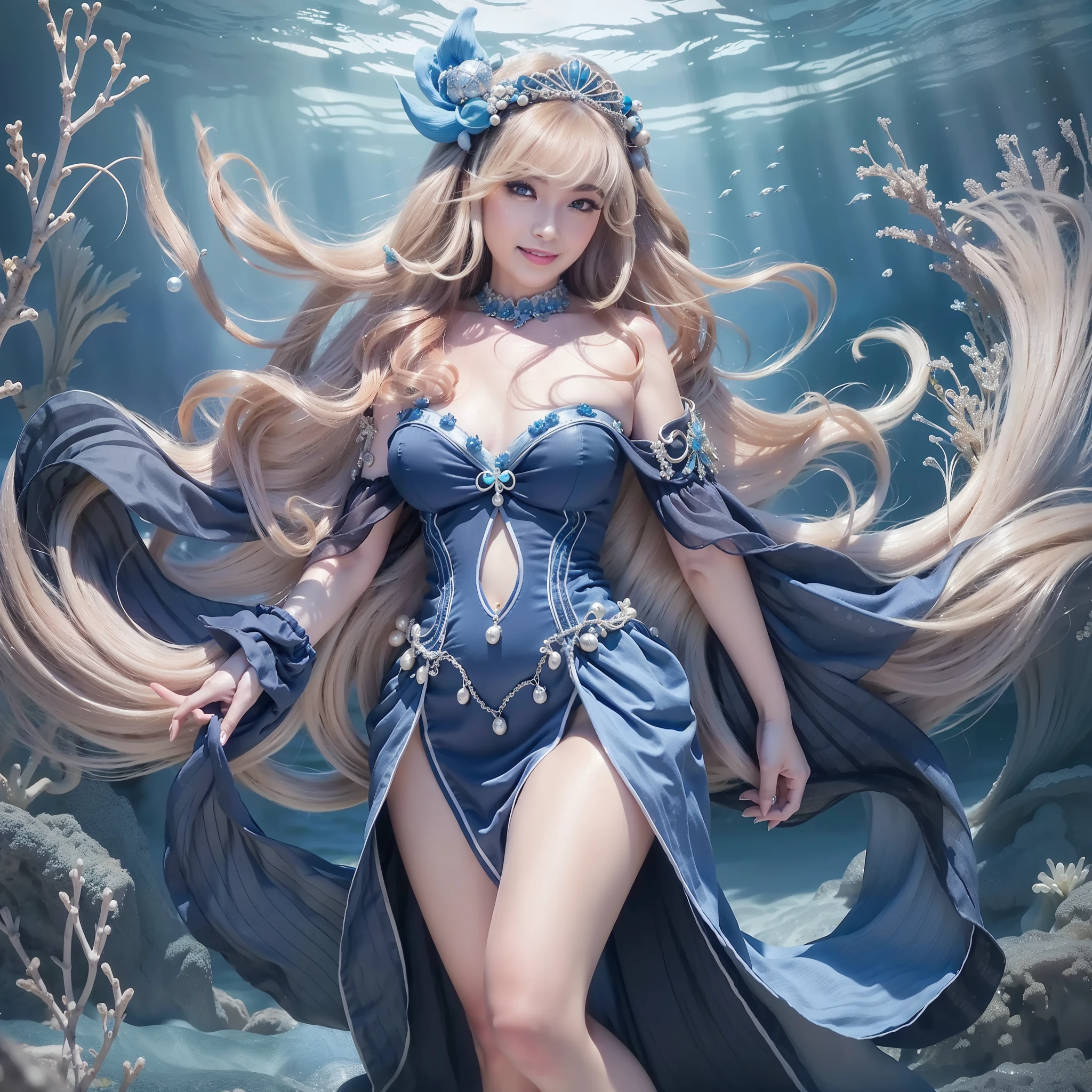 a woman with long curly silver hair, beautiful detailed eyes, beautiful detailed lips, smiling expression, wearing a flowing blue dress with pearl accessories,  queen of the sea, realistic, Wearing a fish horn headband, makeup, standing sensual, blue nails, cleavage , on the Ocean 