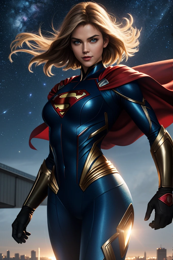 Superman female version.
Young woman dressed in tights, Short bob style hair, blue eyes,
- Entirely white and red fitted suit - suit that enhances female anatomy, 
- Standing, with a firm and confident posture, big hips, big buttocks, small waist, big chest, flying over a city with a determined look.
- In a sensual pose, ready for action, with one arm extended and the other flexed.
- Sensual and mischievous look, transmitting lust .
- A soft but confident smile can add warmth and bring the character closer.
- A cosmic scene with planets and stars, showing your connection to the universe.
- A night landscape,
- Soft, warm light that highlights the textures and details of the suit.
- Shadows that accentuate the muscles and figure, creating a dramatic contrast.
- Light effects that suggest energy and power emanating from the character.
- Hair blowing in the wind, adding dynamism.
- Visual effects such as flashes of light or auras that enhance your power.
- Add moving elements, like hair, to give life and energy to the image.
