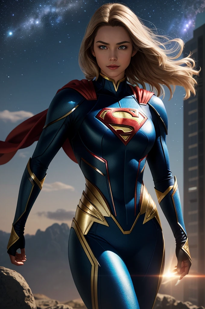 Superman female version.
Young woman dressed in tights, Short bob style hair, blue eyes,
- Entirely white and red fitted suit - suit that enhances female anatomy,
- Standing, with a firm and confident posture, big hips, big buttocks, small waist, big chest, flying over a city with a determined look.
- In a sensual pose, ready for action, with one arm extended and the other flexed.
- Sensual and mischievous look, transmitting lust .
- A soft but confident smile can add warmth and bring the character closer.
- A cosmic scene with planets and stars, showing your connection to the universe.
- A night landscape,
- Soft, warm light that highlights the textures and details of the suit.
- Shadows that accentuate the muscles and figure, creating a dramatic contrast.
- Light effects that suggest energy and power emanating from the character.
- Hair blowing in the wind, adding dynamism.
- Visual effects such as flashes of light or auras that enhance your power.
- Add moving elements, like hair, to give life and energy to the image.