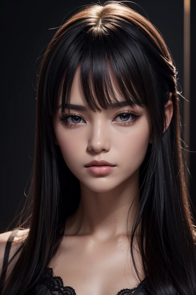beautfull woman, darkness background, slickedback hair, new

