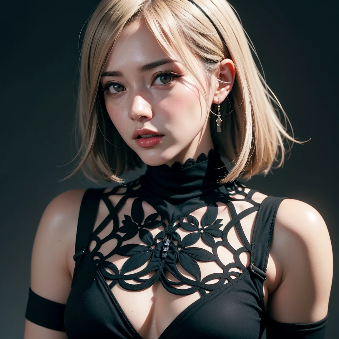 high quality masterpiece, photorealistic anime style, japanese animation shot of an attractive and tiny but rude 2B from Nier Automata video game, sensual atlethic body, firm medium bust, wide thighs, advanced detailed in her feminine and beatiful face features, cabello mojado, ropa sucia, mundo post-apocaliptico