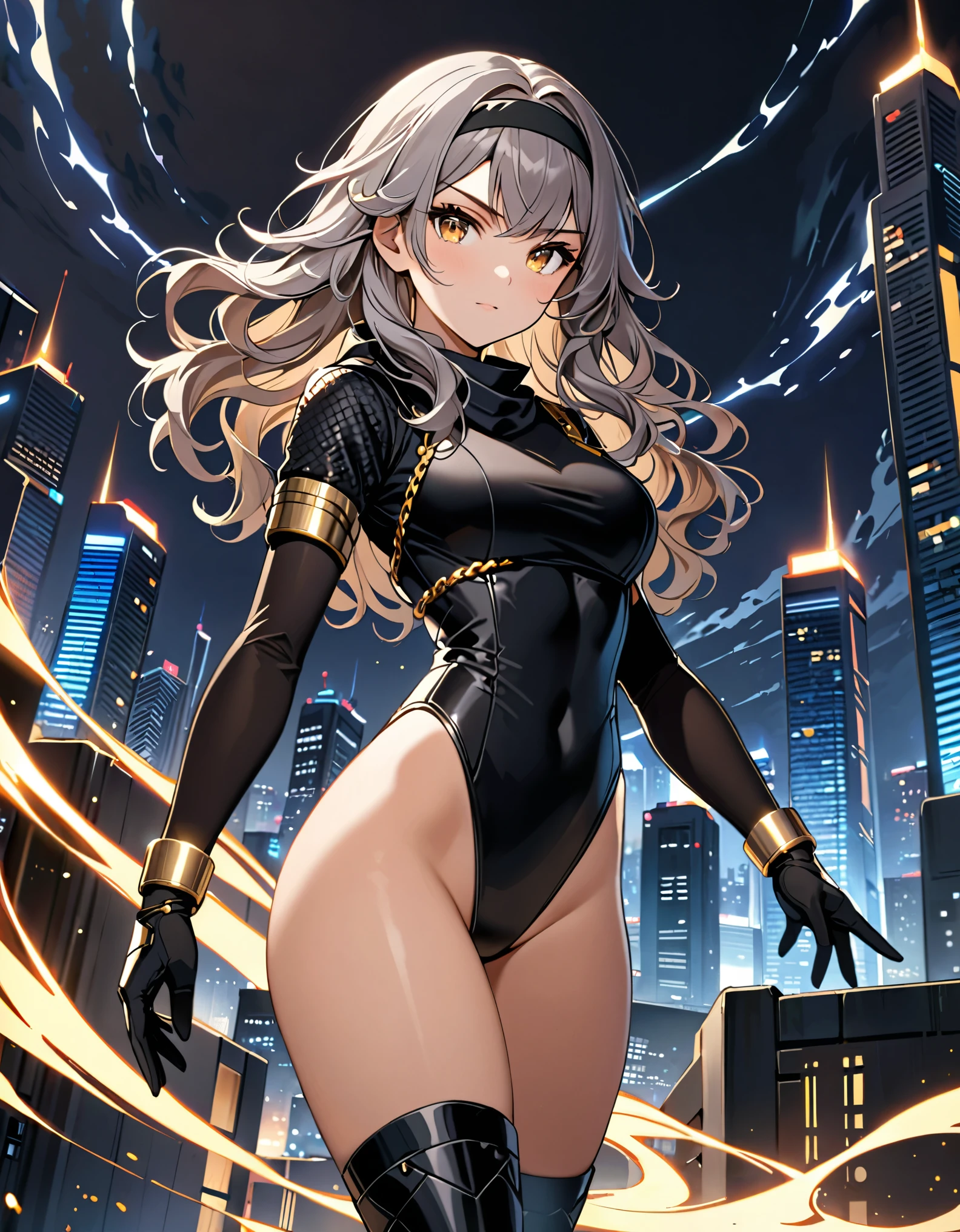 (masterpiece), (best quality), (hires), 1girl, grey hair, shoulder length hair, wavy hair, black hairband, auburn eyes, beautiful detailed eyes, beautiful detailed face, cute face, stoic, professional, ninja, black leotard, black tactical gloves, bare legs, gold bracelets, black thigh-high boots. standing, (points arm towards viewer, straight arm. energy wave on hand). cityscape, night, noir atmosphere.