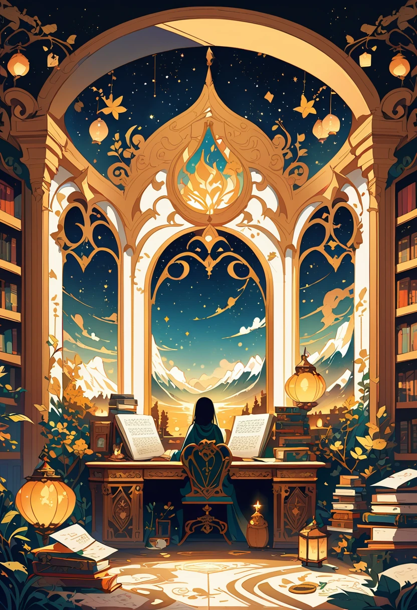 A hand-drawn illustration of a luxurious, opulent room with tall bookshelves filled with ancient books, set within a grand, arched window frame overlooking a breathtaking view of majestic, snow-capped mountains under a starry night sky with a full moon. Warm, golden lanterns illuminate the room, casting a cozy glow. In the center of the room, there is a vintage working table with intricate carvings, covered with papers and writing tools. The scene captures a magical, serene atmosphere, blending elements of fantasy and luxury, in a detailed, hand-drawn art style