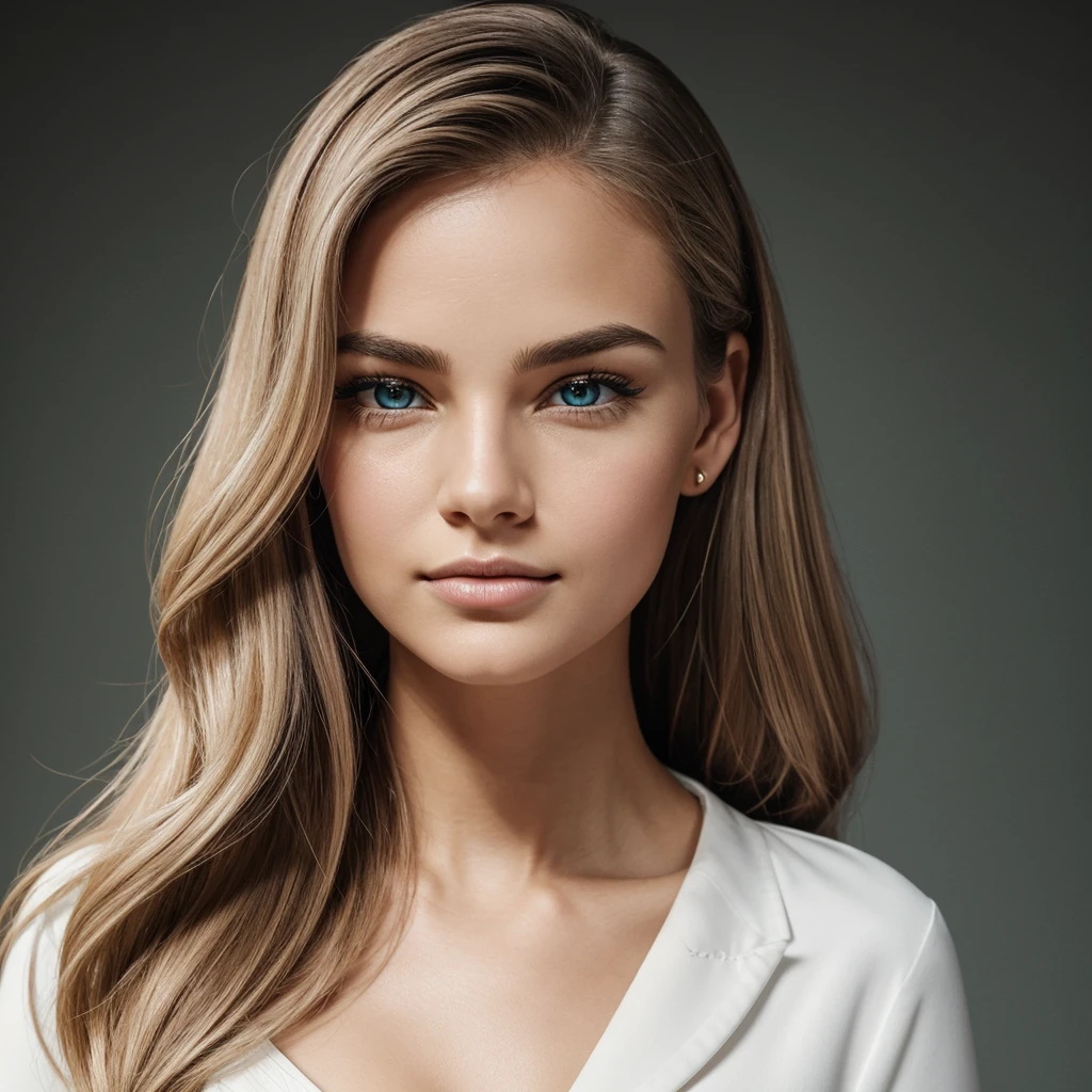 Her skin is a smooth, even tone, with no visible imperfections. The texture appears fine and matte. She has long, golden blonde hair with a slight natural wave. Her eyes exhibit heterochromia central, with the center of each iris being a dark sky blue and the outer ring a bright emerald green. The pupils are black and perfectly round, surrounded by a thin, defined black ring. Her eyelashes are long, thick, and jet black.
Her eyebrows are dark blonde, slightly darker than her hair, and well-defined with a natural arch. Her nose is small and straight with a slight downward curve, and the nostrils are proportional. Her lips are naturally pale pink, full, and symmetrical, with a clearly defined cupid's bow on the upper lip and a thicker lower lip.
Her cheekbones are high and prominent, with a smooth transition without sharp angles. Her chin is small and rounded, proportionate to her small face. Her ears are small and well-set against her head, with medium-sized, rounded earlobes.
Her face is oval in shape, with balanced proportions. The forehead is slightly wider than the jawline, and the length of her face is greater than its width, with a soft, slightly rounded hairline. The cranial structure is dolichocephalic, meaning her head is longer than it is wide. The frontal bone is broad and slightly rounded, the parietal bones are slightly prominent with smooth contours, and the occipital bone is rounded and proportionate to the rest of her head.
The distance between her eyes is proportional to their length, slightly more than one eye-width apart. Her forehead height is moderate, with a softly rounded hairline. The length of her nose is proportional to the distance from the base of her nose to her chin, and the width of her mouth aligns with the distance between her pupils.
