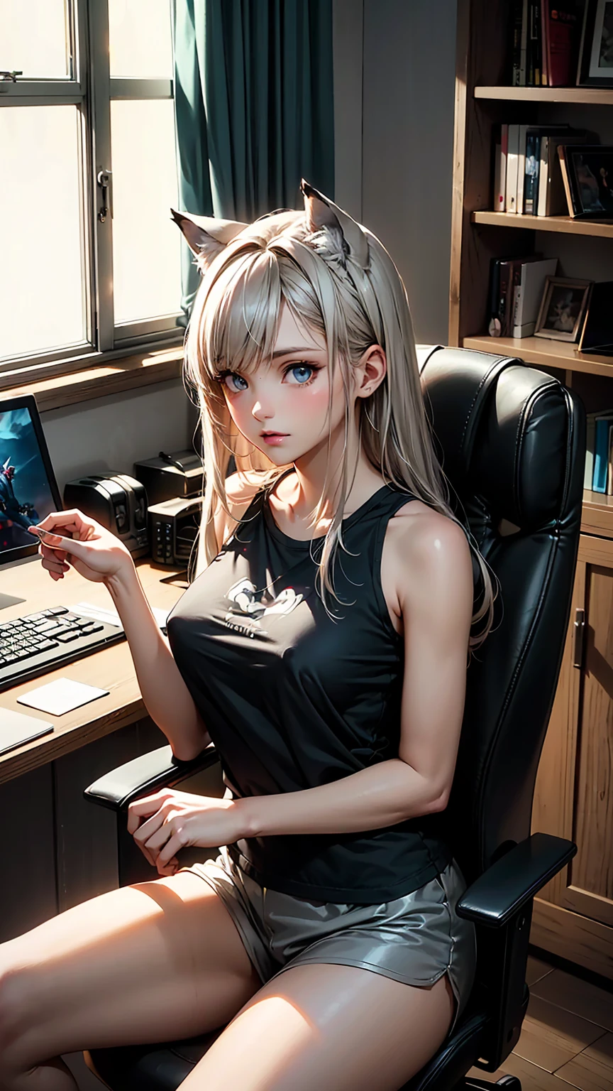 Create a top-quality image of a beautiful 25-year-old wolf girl with tan skin. She has long greyish wolf like hair and beautiful eyes, wearing a see-through top that barely covers her nipples, highlighting her perfect figure. She is also wearing sleep shorts. The girl is sitting in a modern gaming chair in a dimly lit, modern room with the window open and it is night time, allowing a gentle breeze to flow in. She poses in a seductive manner, facing the camera. Her room is filled with modern nerdy items that show her love for video games and anime, including gaming equipment like a high-end gaming PC, sleek gaming desk, ergonomic gaming chair, and the latest gaming console, as well as stylish anime posters and figurines. The image should exhibit high-quality visual artistry, with intricate details, capturing a cozy and alluring atmosphere.