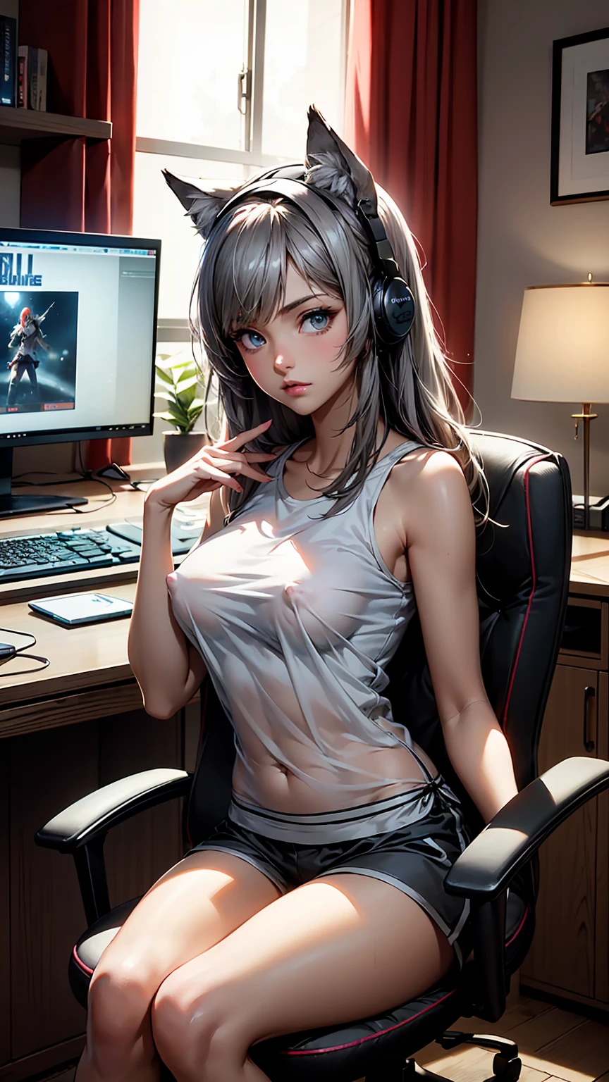 Create a top-quality image of a beautiful 25-year-old wolf girl with tan skin. She has long greyish wolf like hair and beautiful eyes, wearing a see-through top that barely covers her nipples, highlighting her perfect figure. She is also wearing sleep shorts. The girl is sitting in a modern gaming chair in a dimly lit, modern room with the window open and it is night time, allowing a gentle breeze to flow in. She poses in a seductive manner, facing the camera. Her room is filled with modern nerdy items that show her love for video games and anime, including gaming equipment like a high-end gaming PC, sleek gaming desk, ergonomic gaming chair, and the latest gaming console, as well as stylish anime posters and figurines. The image should exhibit high-quality visual artistry, with intricate details, capturing a cozy and alluring atmosphere.