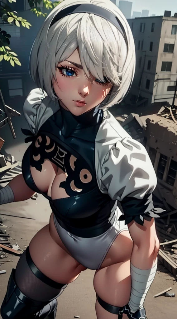 City in Ruins, City, overgrown with plants, Remains, Nier Automata 2b, Grey Bob, Grey Hair, Eyes are covered with bandages, Cyan eyes, Short skirt black dress, Chest neckline, White panties, Black Stockings, Black high boots, High heel boots, Very very beautiful, full length(Bodyful 1.1),Game Nier Automata, Official illustrations with attention to detail, ((Beautiful Fantasy Girl))，Red little chest, Her breasts are sticking out from under her clothes, break (Master Parts: 1.2), Highest quality, High resolution, Photorealistic, Photogenic, unity 8k wallpaper, (Illustration: 0.8), (Beautiful, exquisite bluish-grey eyes: 1.6), Highly detailed face, Perfect lighting, Highly detailed CGI , (Perfect Arms, Perfect Anatomy), Girl with perfect breasts, Beautiful Face, Master Studies, Intricate details, Realistic details, anime, (Based on Nier Automata) Perfect body, Perfect pointy breasts, Perfect Girl, Perfect detail, Ultra HD |, 8k, Professional photos, 2B shows off her sexy body,