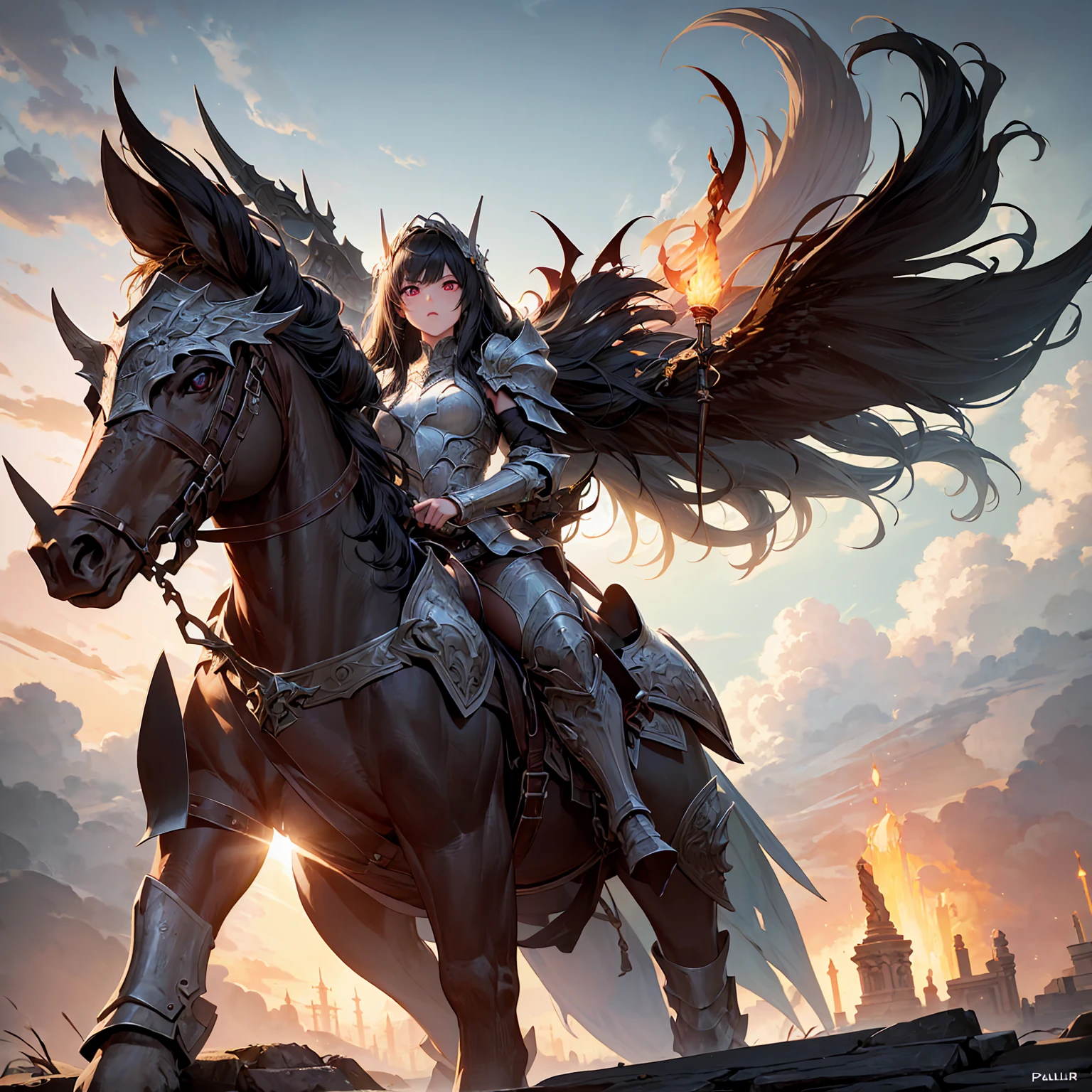 (((masterpiece, best quality, high detailed, 8k))) A breathtakingly beautiful warrior with long, flowing black hair and intense red eyes, wearing a magnificent black dragon armor. The armor is intricately detailed, featuring a dragon's head on one shoulder pauldron, scales, and claw motifs throughout. She wields a highly detailed, flaming sword. The scene is set in a cinematic fantasy environment with dramatic lighting. The atmosphere is filled with a mystical haze, illuminated by the glow of the flaming sword and ambient light reflecting off the armor's details. The ground is reflective, creating a mirrored effect that adds to the surreal, otherworldly ambiance. The background features ancient ruins partially engulfed in shadows, enhancing the sense of epic fantasy. Every element, from the warrior's armor to the environment, is rendered with extreme image quality and attention to detail.