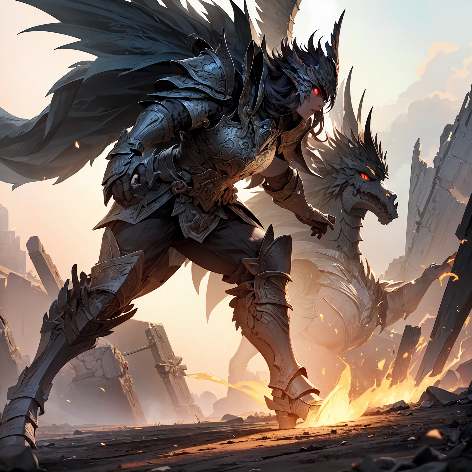 (((masterpiece, best quality, high detailed, 8k))) A breathtakingly beautiful warrior with long, flowing black hair and intense red eyes, wearing a magnificent black dragon armor. The armor is intricately detailed, featuring a dragon's head on one shoulder pauldron, scales, and claw motifs throughout. She wields a highly detailed, flaming sword. The scene is set in a cinematic fantasy environment with dramatic lighting. The atmosphere is filled with a mystical haze, illuminated by the glow of the flaming sword and ambient light reflecting off the armor's details. The ground is reflective, creating a mirrored effect that adds to the surreal, otherworldly ambiance. The background features ancient ruins partially engulfed in shadows, enhancing the sense of epic fantasy. Every element, from the warrior's armor to the environment, is rendered with extreme image quality and attention to detail.