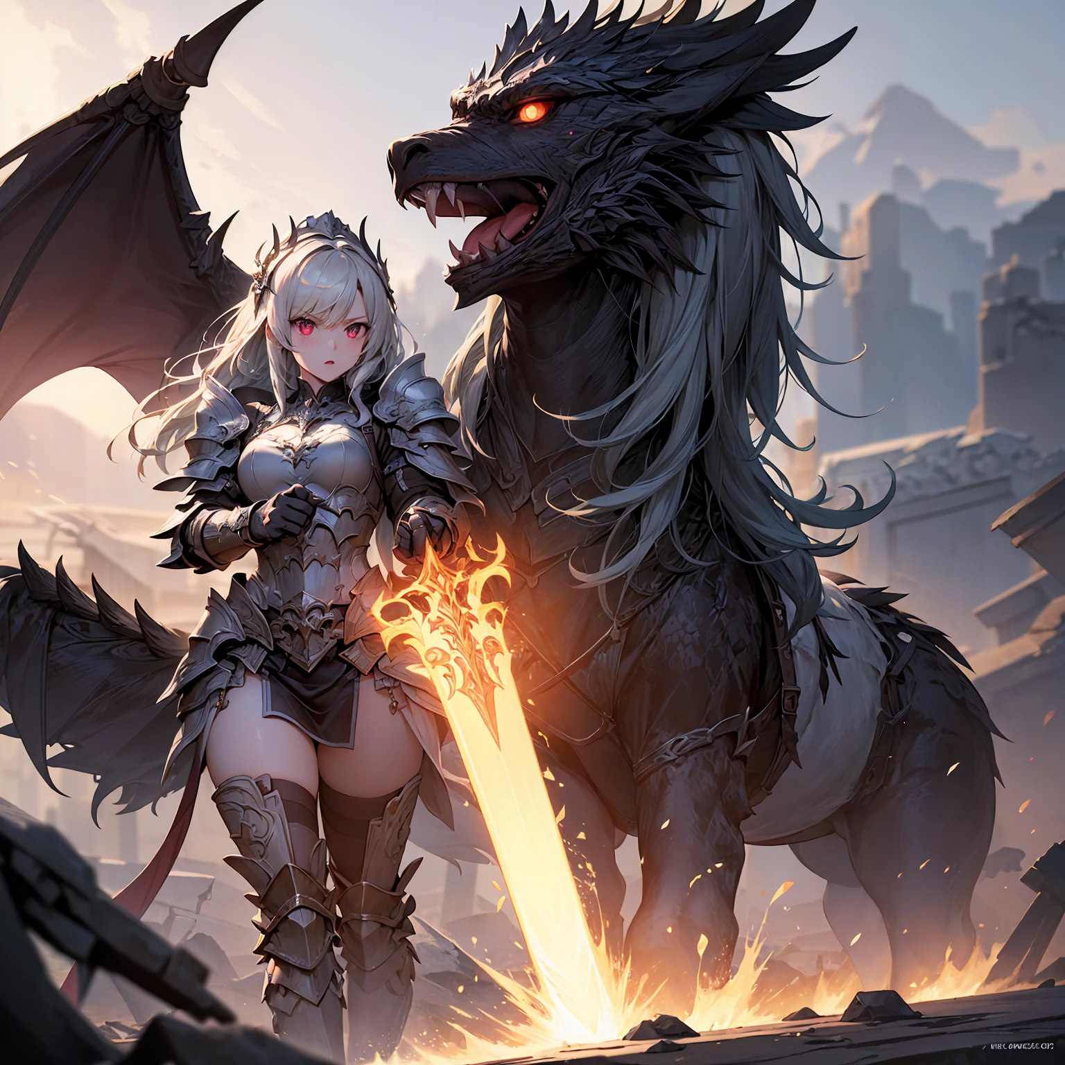 (masterpiece), (best quality), (high uqality), (8k), girl, (full-body), dragon armor, intricate details, red glow, short shilver hair, back messy hair, detailed hair strands, light blue eyes, dominance expression, walking in lesser caotic place as she rule the world, fire background, and dragons in the night sky, fierce aura, (high quality ilumination)