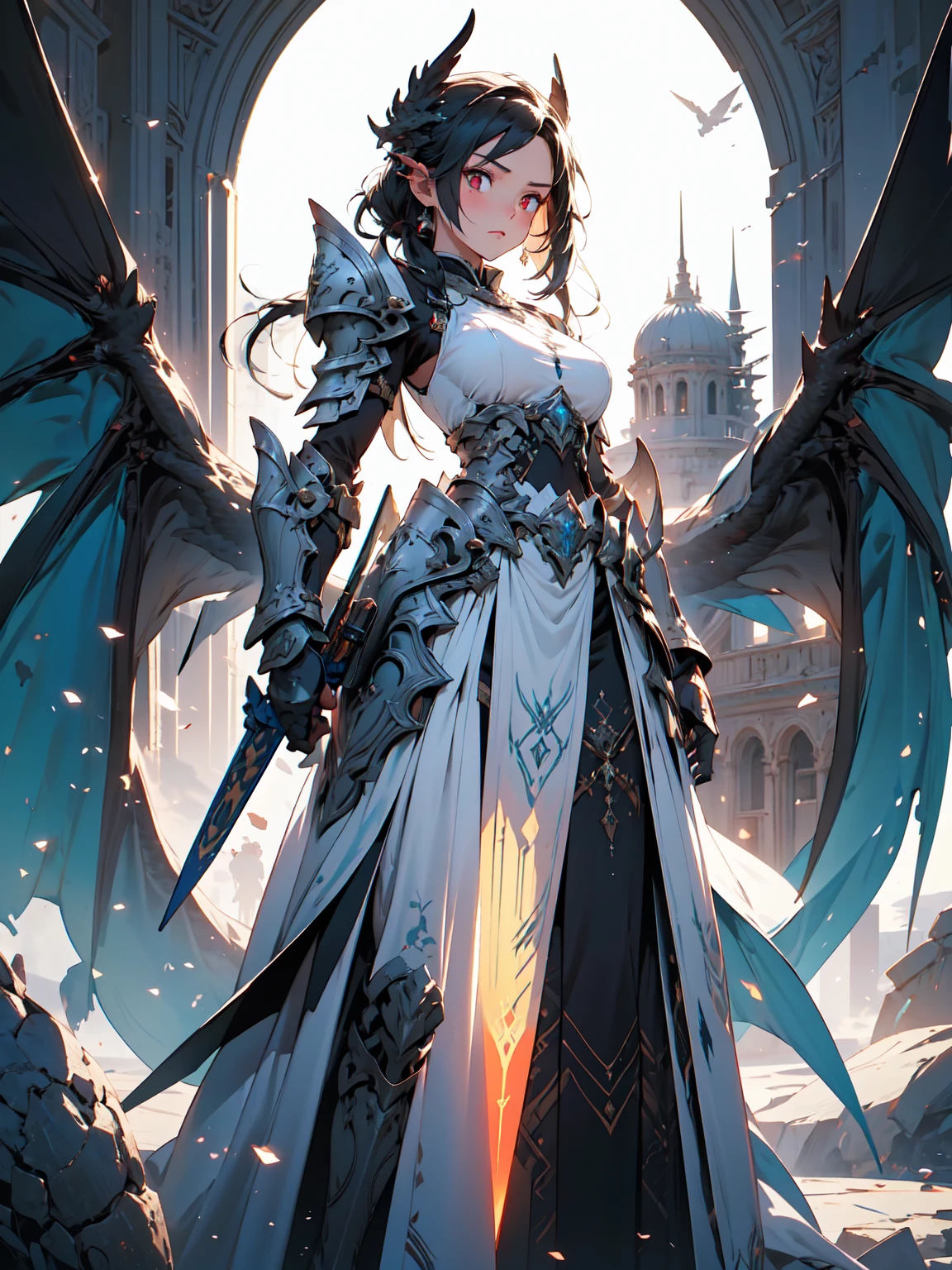 (((masterpiece, best quality, high detailed, 8k))) A breathtakingly beautiful warrior with long, flowing black hair and intense red eyes, wearing a magnificent black dragon armor. The armor is intricately detailed, featuring a dragon's head on one shoulder pauldron, scales, and claw motifs throughout. She wields a highly detailed, flaming sword. The scene is set in a cinematic fantasy environment with dramatic lighting. The atmosphere is filled with a mystical haze, illuminated by the glow of the flaming sword and ambient light reflecting off the armor's details. The ground is reflective, creating a mirrored effect that adds to the surreal, otherworldly ambiance. The background features ancient ruins partially engulfed in shadows, enhancing the sense of epic fantasy. Every element, from the warrior's armor to the environment, is rendered with extreme image quality and attention to detail.
