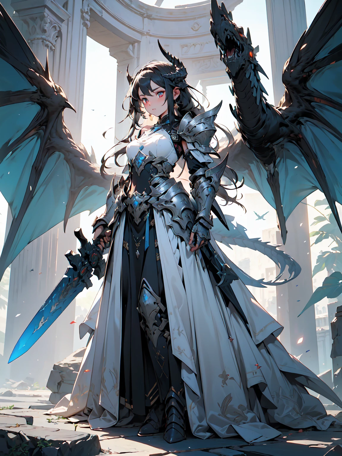 (((masterpiece, best quality, high detailed, 8k))) A breathtakingly beautiful warrior with long, flowing black hair and intense red eyes, wearing a magnificent black dragon armor. The armor is intricately detailed, featuring a dragon's head on one shoulder pauldron, scales, and claw motifs throughout. She wields a highly detailed, flaming sword. The scene is set in a cinematic fantasy environment with dramatic lighting. The atmosphere is filled with a mystical haze, illuminated by the glow of the flaming sword and ambient light reflecting off the armor's details. The ground is reflective, creating a mirrored effect that adds to the surreal, otherworldly ambiance. The background features ancient ruins partially engulfed in shadows, enhancing the sense of epic fantasy. Every element, from the warrior's armor to the environment, is rendered with extreme image quality and attention to detail.