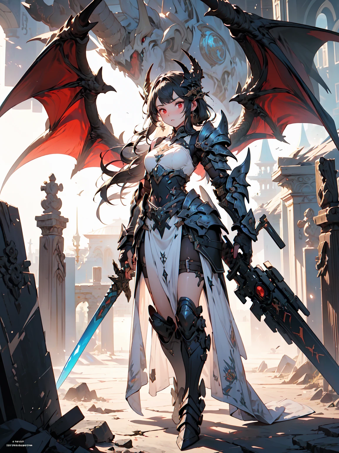 (((masterpiece, best quality, high detailed, 8k))) A breathtakingly beautiful warrior with long, flowing black hair and intense red eyes, wearing a magnificent black dragon armor. The armor is intricately detailed, featuring a dragon's head on one shoulder pauldron, scales, and claw motifs throughout. She wields a highly detailed, flaming sword. The scene is set in a cinematic fantasy environment with dramatic lighting. The atmosphere is filled with a mystical haze, illuminated by the glow of the flaming sword and ambient light reflecting off the armor's details. The ground is reflective, creating a mirrored effect that adds to the surreal, otherworldly ambiance. The background features ancient ruins partially engulfed in shadows, enhancing the sense of epic fantasy. Every element, from the warrior's armor to the environment, is rendered with extreme image quality and attention to detail.