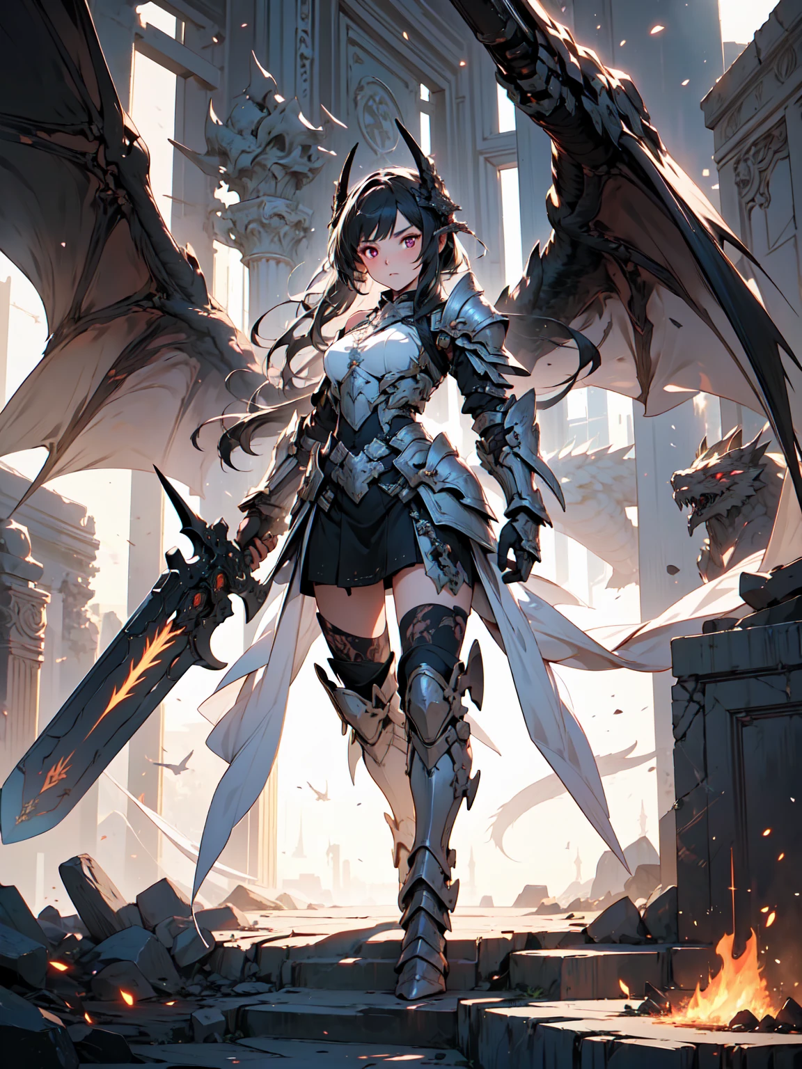 (((masterpiece, best quality, high detailed, 8k))) A breathtakingly beautiful warrior with long, flowing black hair and intense red eyes, wearing a magnificent black dragon armor. The armor is intricately detailed, featuring a dragon's head on one shoulder pauldron, scales, and claw motifs throughout. She wields a highly detailed, flaming sword. The scene is set in a cinematic fantasy environment with dramatic lighting. The atmosphere is filled with a mystical haze, illuminated by the glow of the flaming sword and ambient light reflecting off the armor's details. The ground is reflective, creating a mirrored effect that adds to the surreal, otherworldly ambiance. The background features ancient ruins partially engulfed in shadows, enhancing the sense of epic fantasy. Every element, from the warrior's armor to the environment, is rendered with extreme image quality and attention to detail.