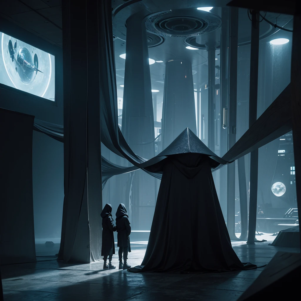 (Best Quality) Hooded people looking at the futuristic architecture of an alien civilization with dark color palette