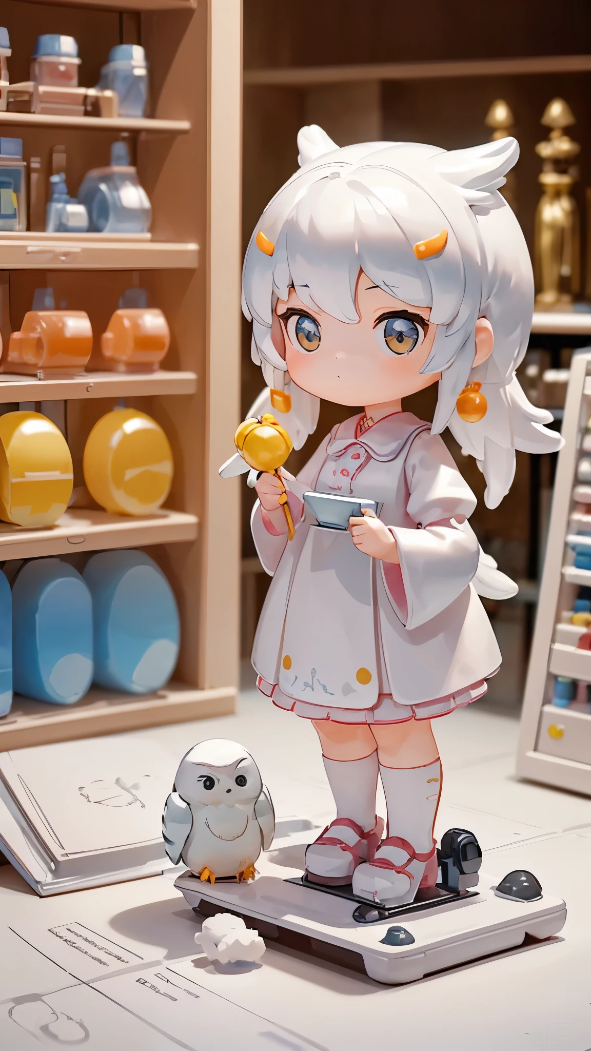 (masterpiece:1.2, Highest quality,High resolution,Super detailed),(Photorealistic Stick),8k,wallpaper,Ultra-fine painting,A figurine of a woman wearing a snowy owl stuffed toy,cute,A charming face,There is no motivation,Isometric 3D diorama,Nature of Hokkaido,(There are many figures of the same woman lined up on the shelves of toy stores.:1.6)